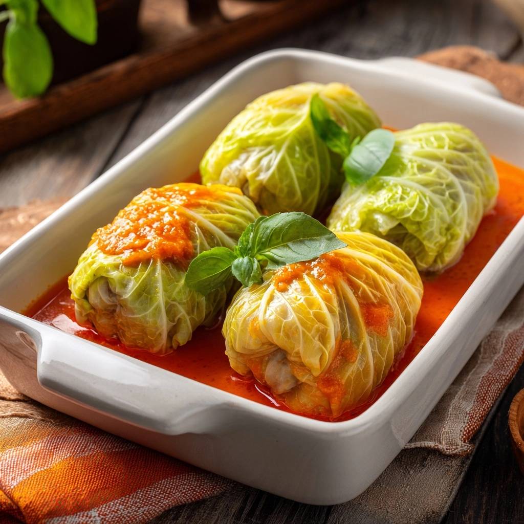 Gefüllte Kohlrouladen in Tomatensauce, eine Nahaufnahme mit frischem Basilikum garniert und in einer Auflaufform serviert.