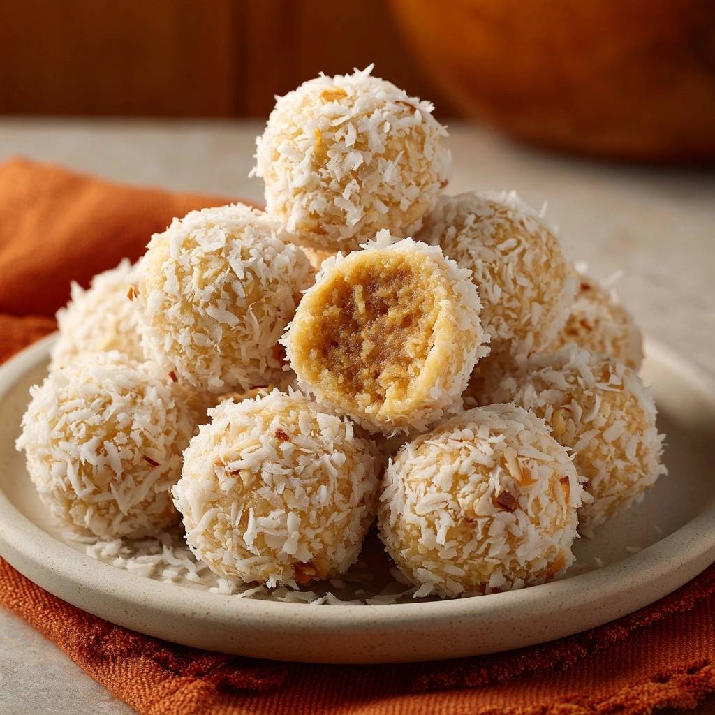 Gefüllte Kokos-Ladoos angeschnitten, die feste Füllung im Inneren ist gut sichtbar auf einem Teller mit Kokosraspeln.