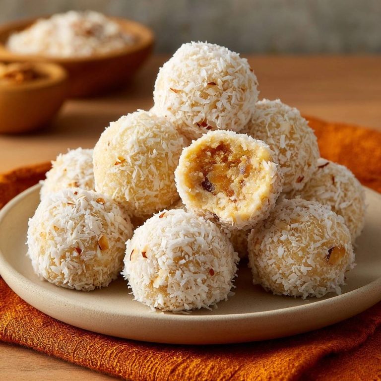 Gefüllte Kokos-Ladoos angeschnitten, zeigen eine feste Füllung und Kokosraspeln auf einem Teller.