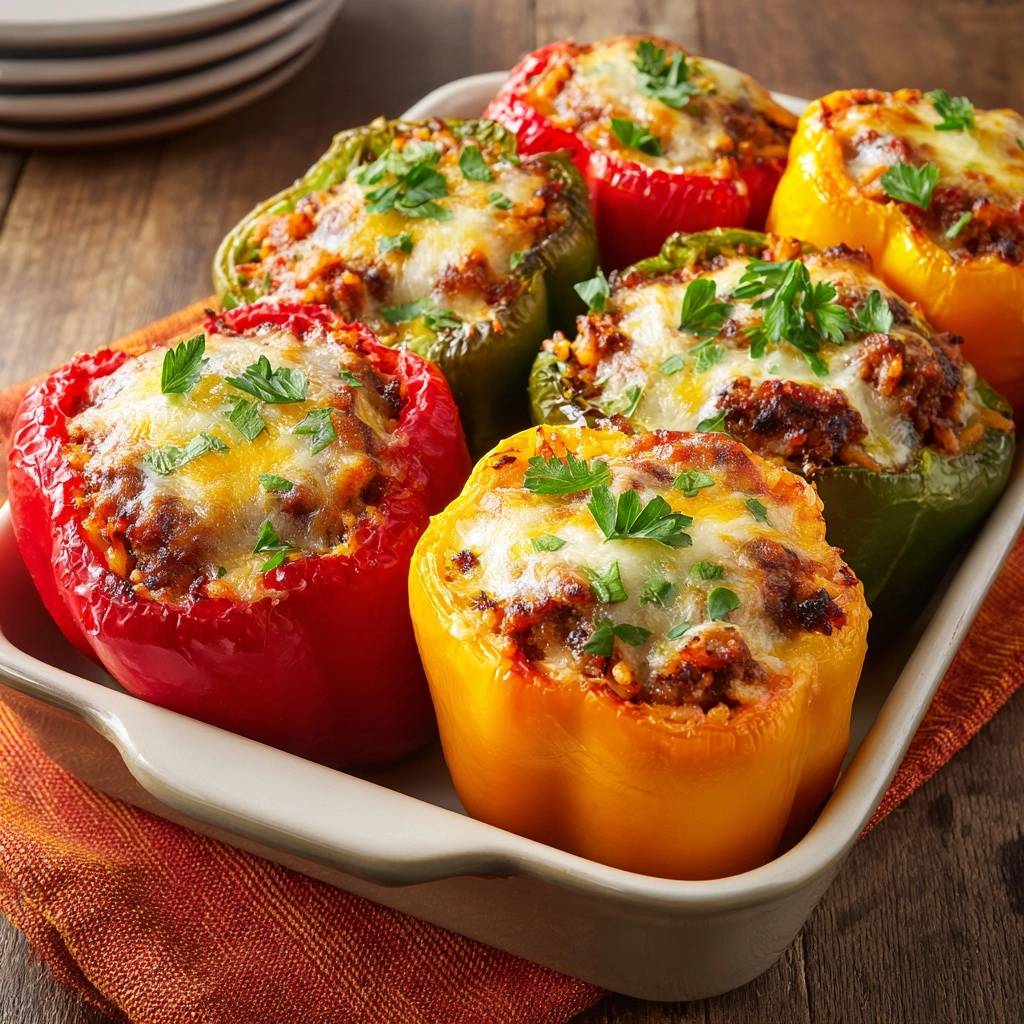 Bunte gefüllte Paprika mit saftiger Füllung und geschmolzenem Käse, garniert mit frischer Petersilie.