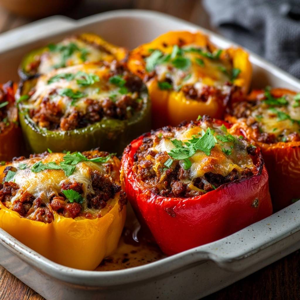 Gefüllte Paprika mit saftiger Hackfüllung, nah aufgenommen in einer Auflaufform mit geschmolzenem Käse und Petersilie.