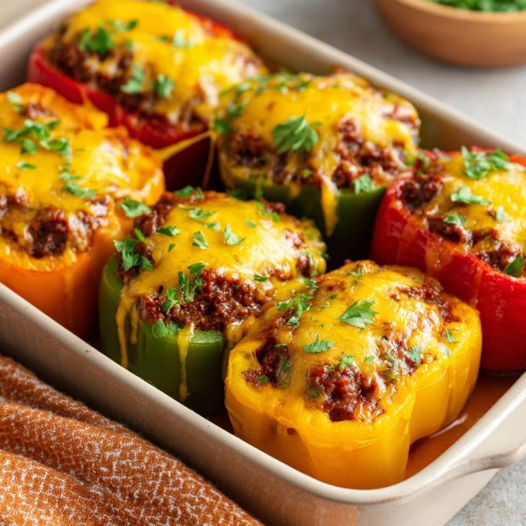 Gefüllte Paprika mit saftiger Hackfüllung nahaufnahme eines gefüllten Paprikas mit geschmolzenem Käse und Petersilie garniert.