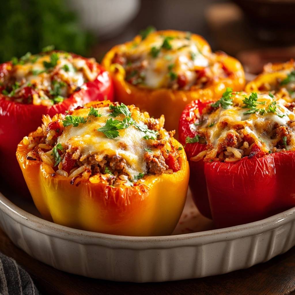 Gefüllte Paprika mit saftiger Hackfüllung, nahaufnahme mit geschmolzenem Käse und frischer Petersilie garniert