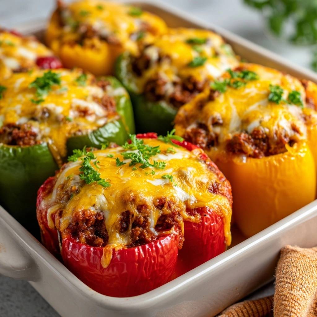 Gefüllte Paprika mit saftiger Hackfüllung, nahaufnahme mit geschmolzenem Käse und Petersilie garniert.