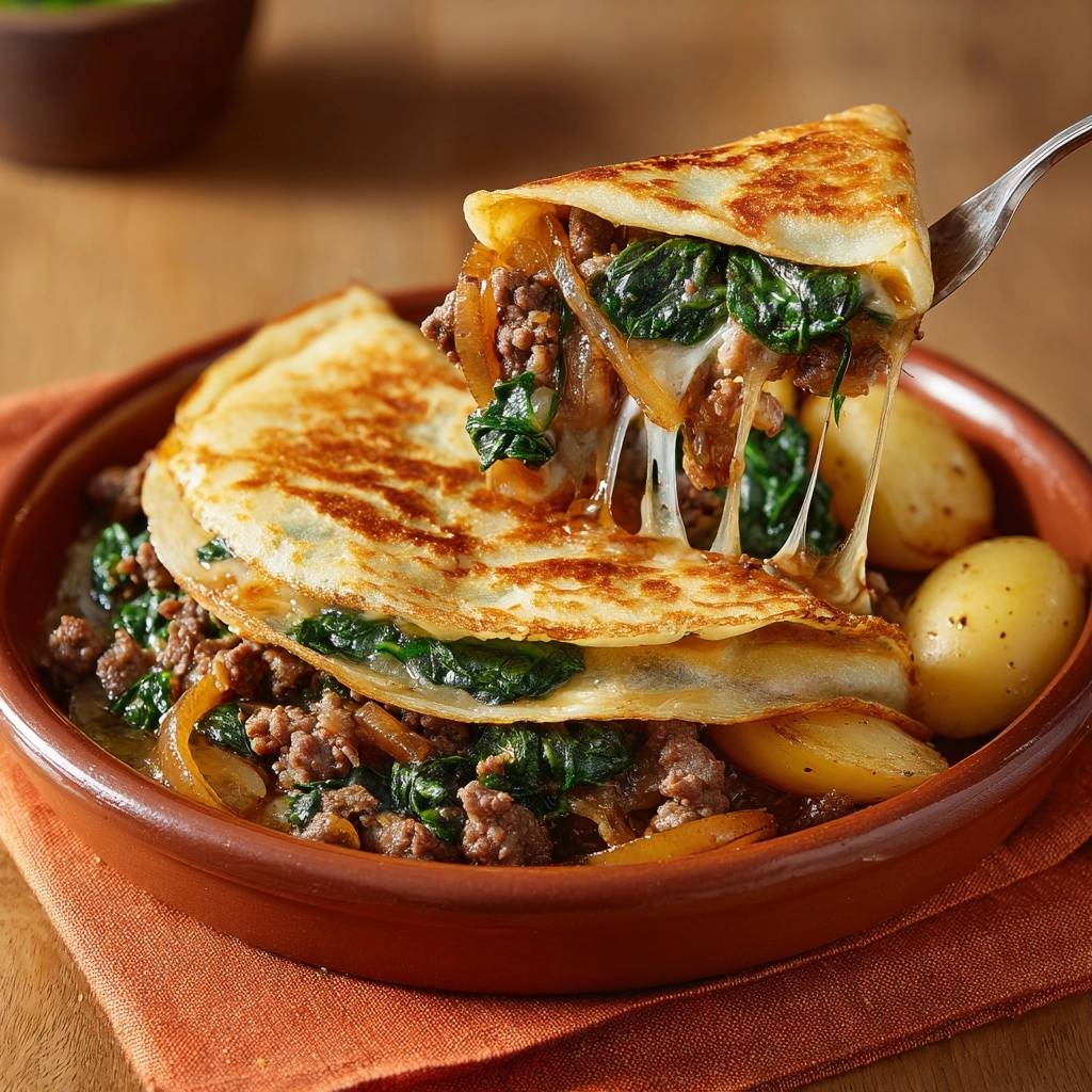 Gefüllte Spinat-Hack-Crêpes mit Kartoffeln, ein Stück wird mit Käsefäden herausgezogen.