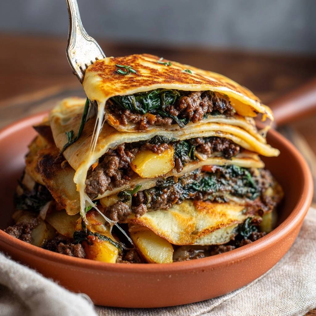 Gefüllte Spinat-Hack-Crêpes mit Kartoffeln im Querschnitt, mit geschmolzenem Käse und einer Gabel, die ein Stück heraushebt.