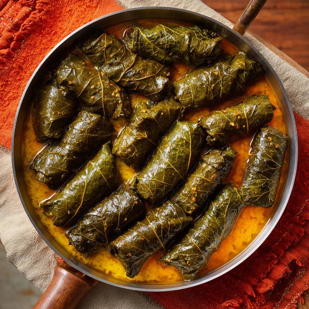Gefüllte Weinblätter Dolmades in einer Pfanne von oben, die in einer goldenen Flüssigkeit schmoren.