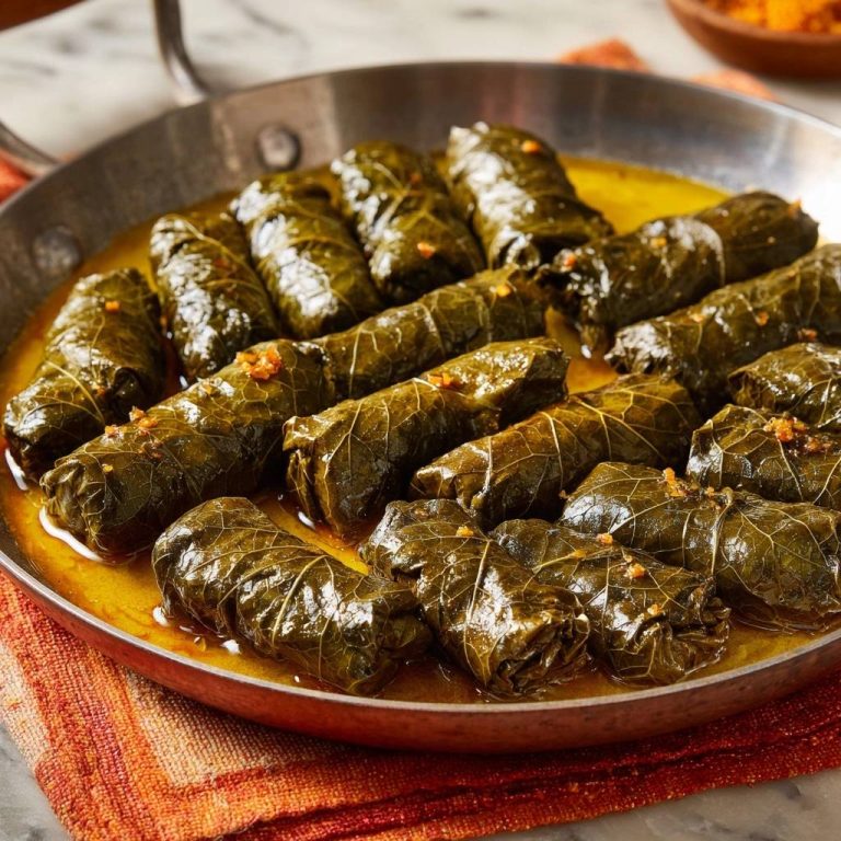 Gefüllte Weinblätter Dolmades werden in einer Pfanne mit gelber Flüssigkeit nahaufnahme serviert.