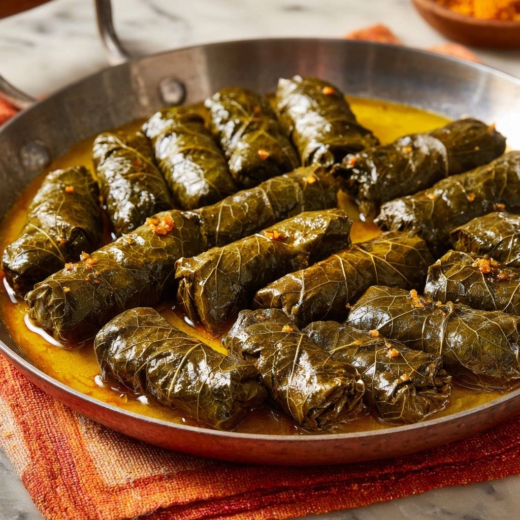 Gefüllte Weinblätter Dolmades werden in einer Pfanne mit gelber Flüssigkeit nahaufnahme serviert.