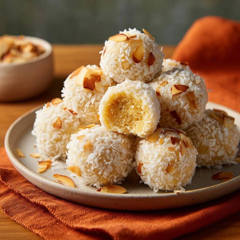 Gefüllte Zitronen-Kokos-Mandel-Bällchen angeschnitten, die cremige Innenseite und Kokosraspeln sind deutlich sichtbar.