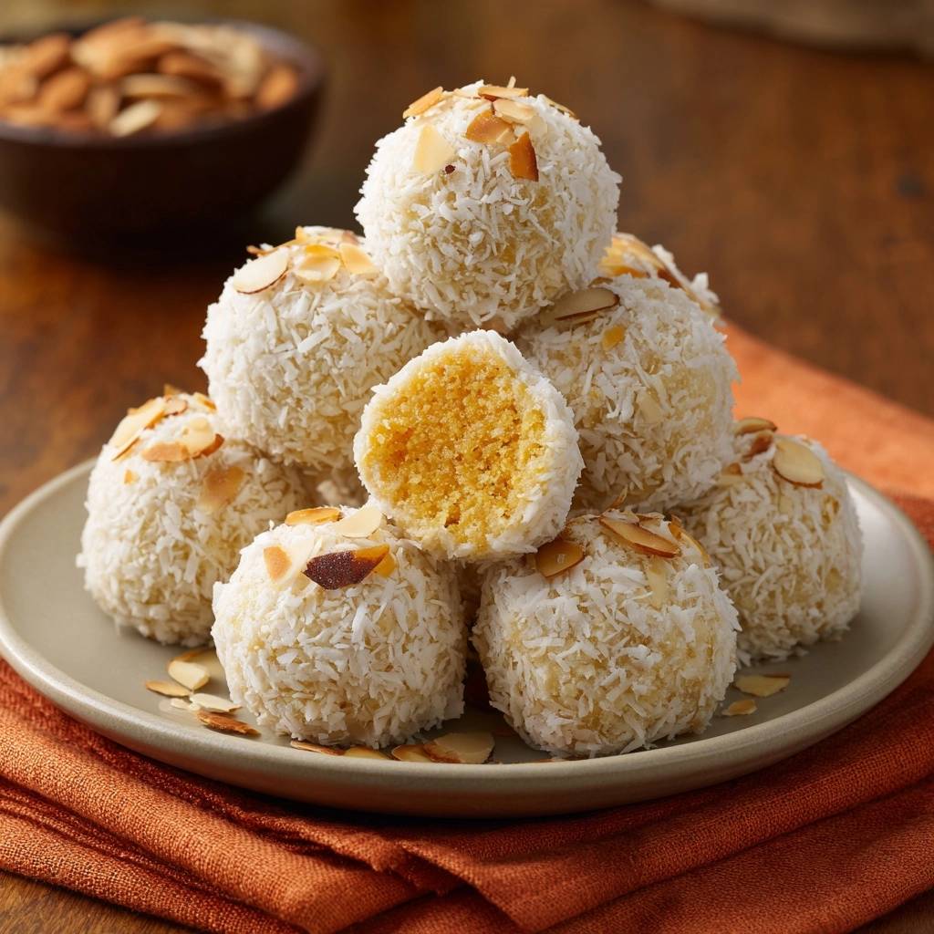 Gefüllte Zitronen-Kokos-Mandel-Bällchen angeschnitten, die das saftige Innere und die Kokos-Mandel-Hülle zeigen.