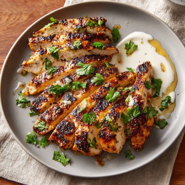 Saftiges gegrilltes Hähnchen mit Joghurt-Honig-Sauce, auf einem Teller in Scheiben geschnitten und mit frischer Petersilie garniert.