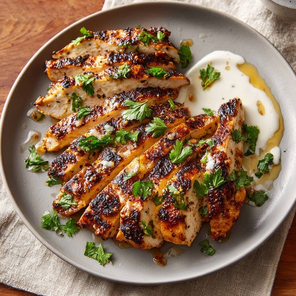 Saftiges gegrilltes Hähnchen mit Joghurt-Honig-Sauce, auf einem Teller in Scheiben geschnitten und mit frischer Petersilie garniert.