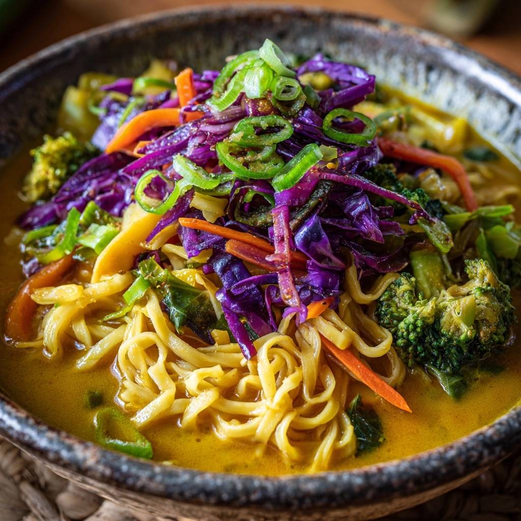 Bunte Gemüse-Curry-Nudelsuppe mit frischer Garnitur aus Frühlingszwiebeln und Chili im Detail fotografiert.