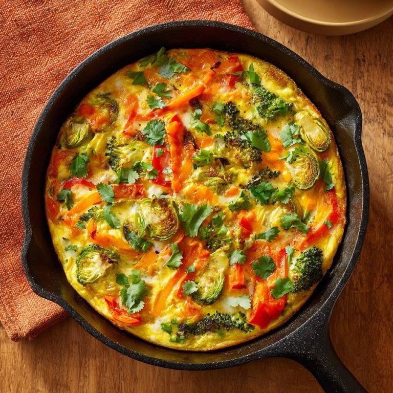 Bunte Gemüse-Frittata, knusprig ohne Matsch, garniert mit frischen Kräutern, von oben im Gusseisen-Pfanne gezeigt