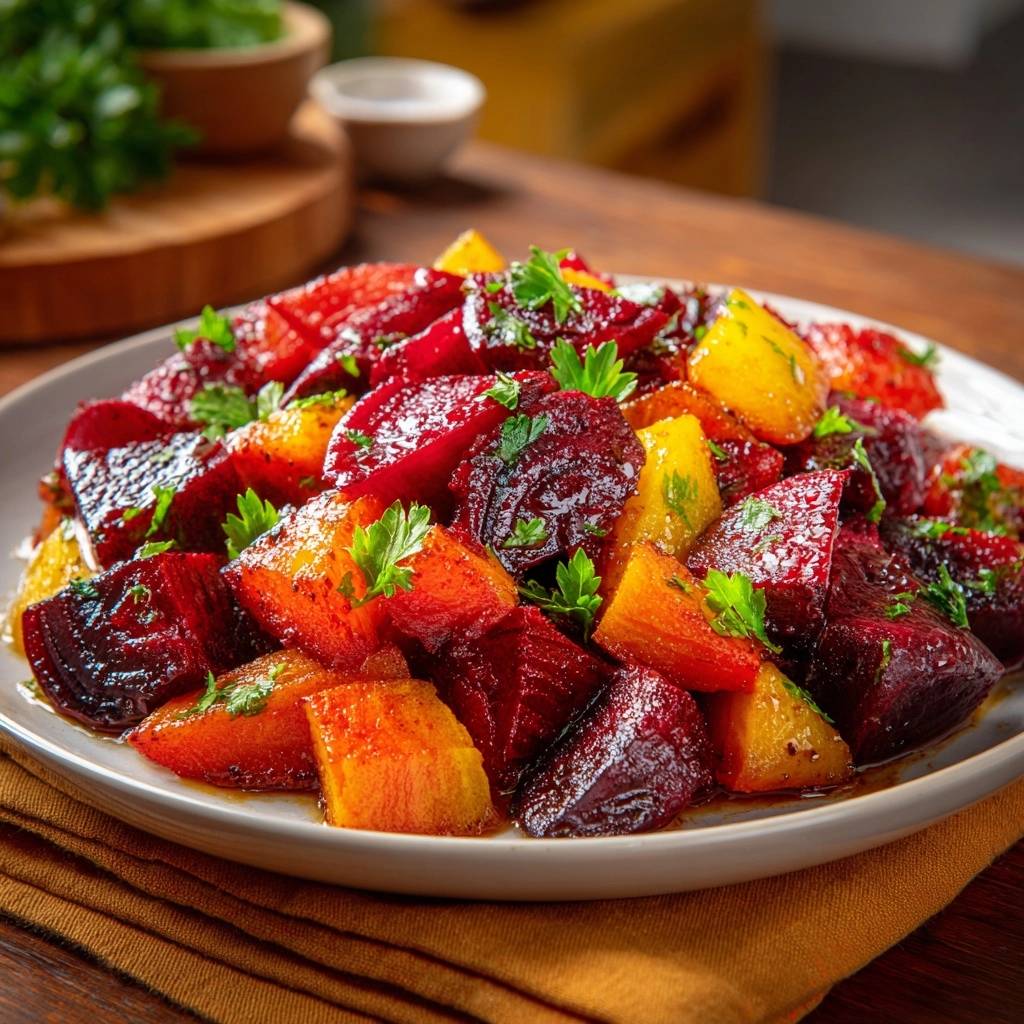 Knuspriges geröstetes Rote-Bete-Gemüse, serviert auf einem Teller und mit frischer Petersilie garniert für eine appetitliche Präsentation.
