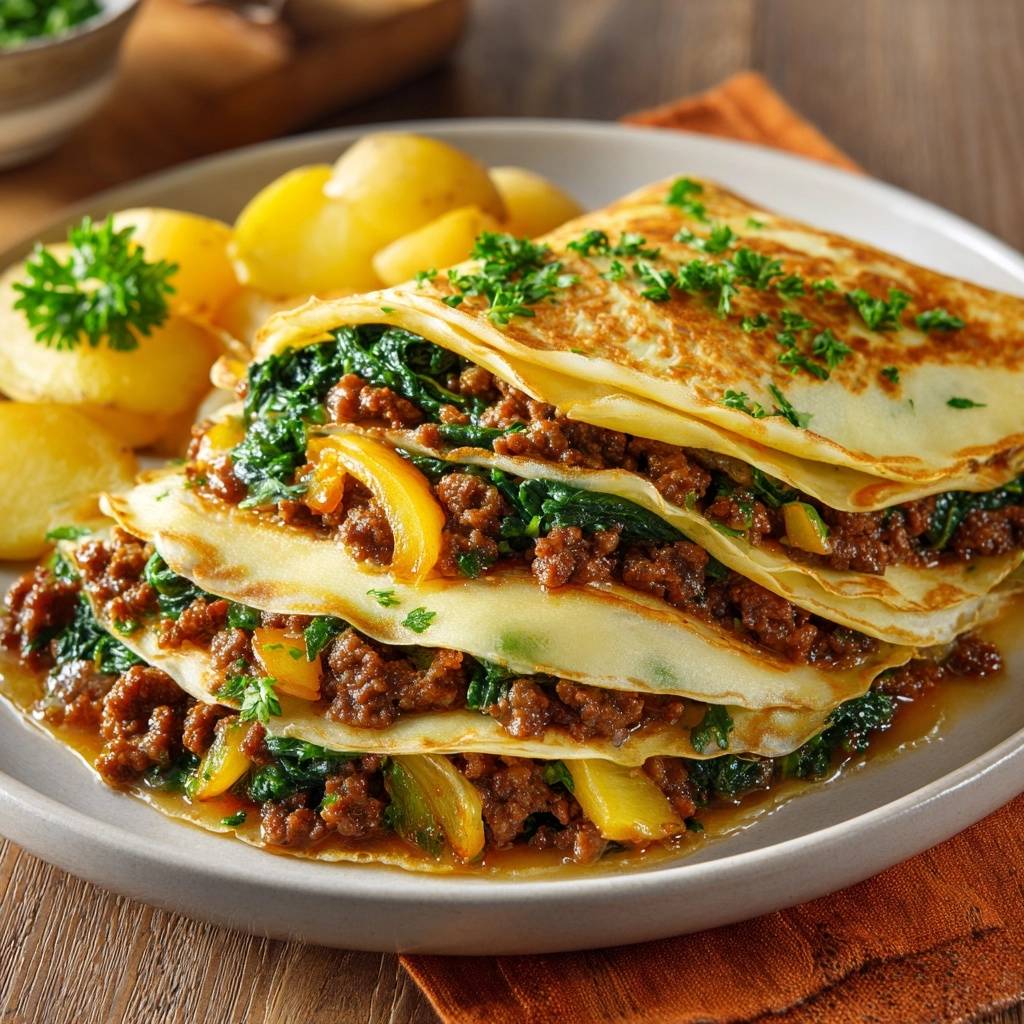 Gestapelte Crêpes mit Rindfleisch-Spinat-Füllung, gezeigt im Querschnitt mit den geschichteten Füllungen und Beilagenkartoffeln.