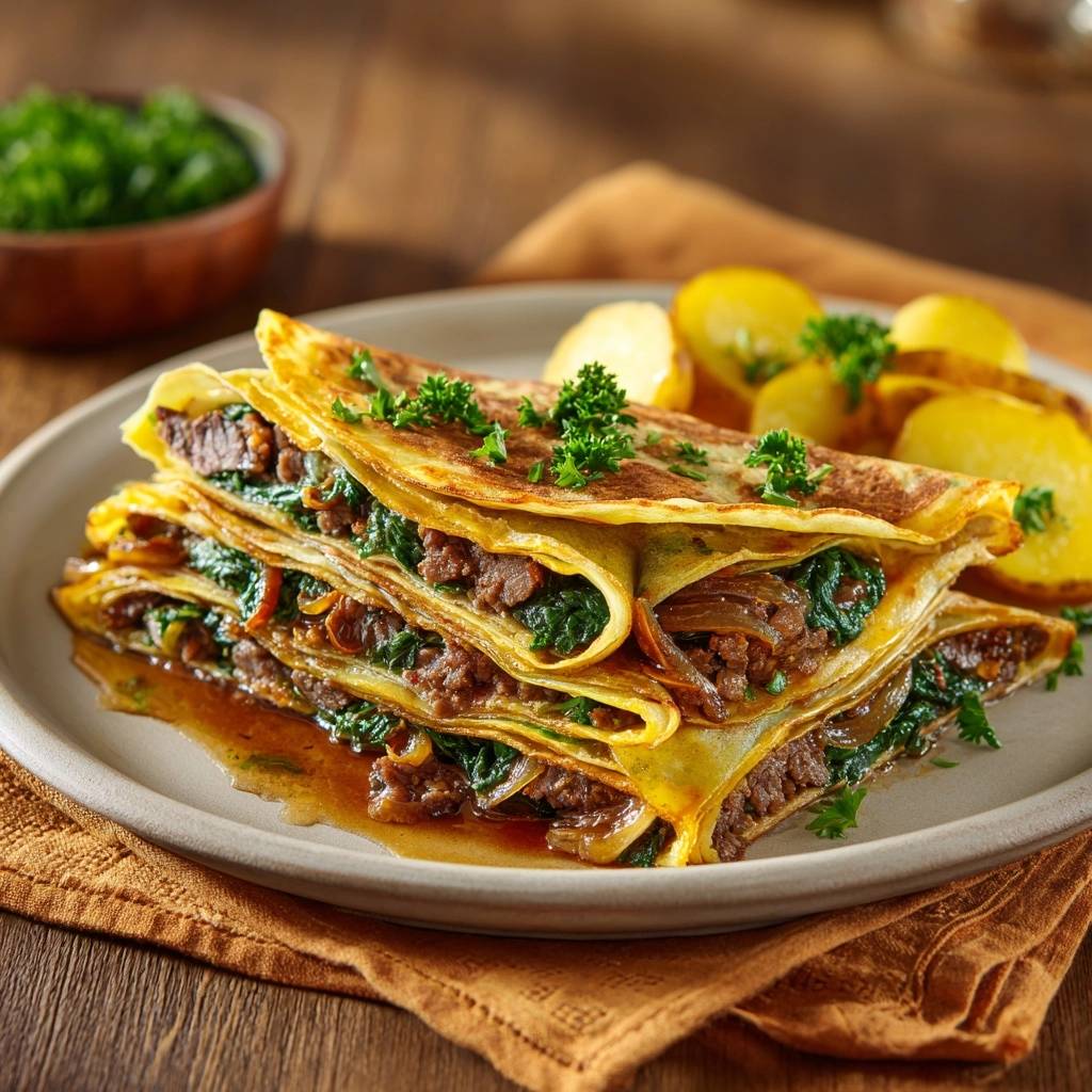 Gestapelte Crêpes mit Rindfleisch-Spinat-Füllung im Querschnitt, garniert mit Petersilie und serviert mit Kartoffeln.