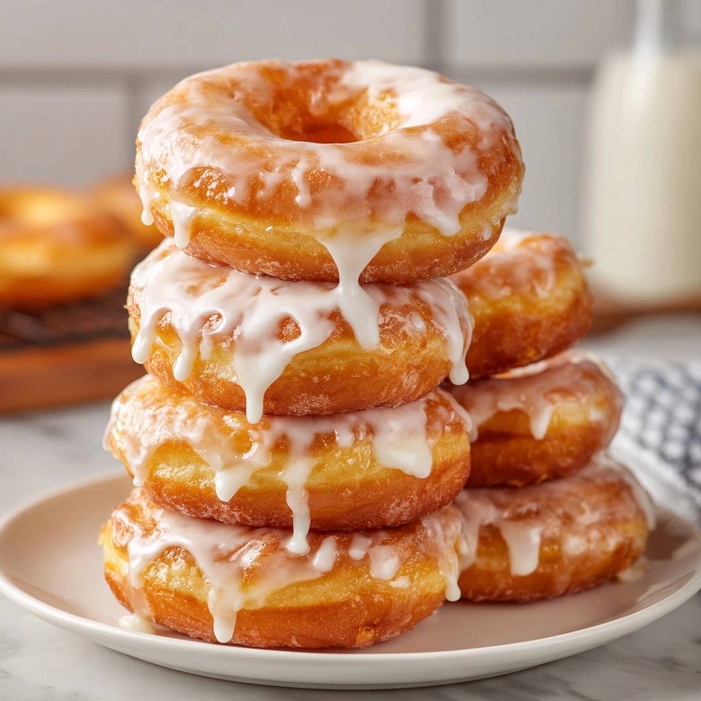 Perfekte glasierte Hefedonuts, gestapelt und mit fließender Glasur, ein köstlicher Anblick für jeden Zuckergourmet.