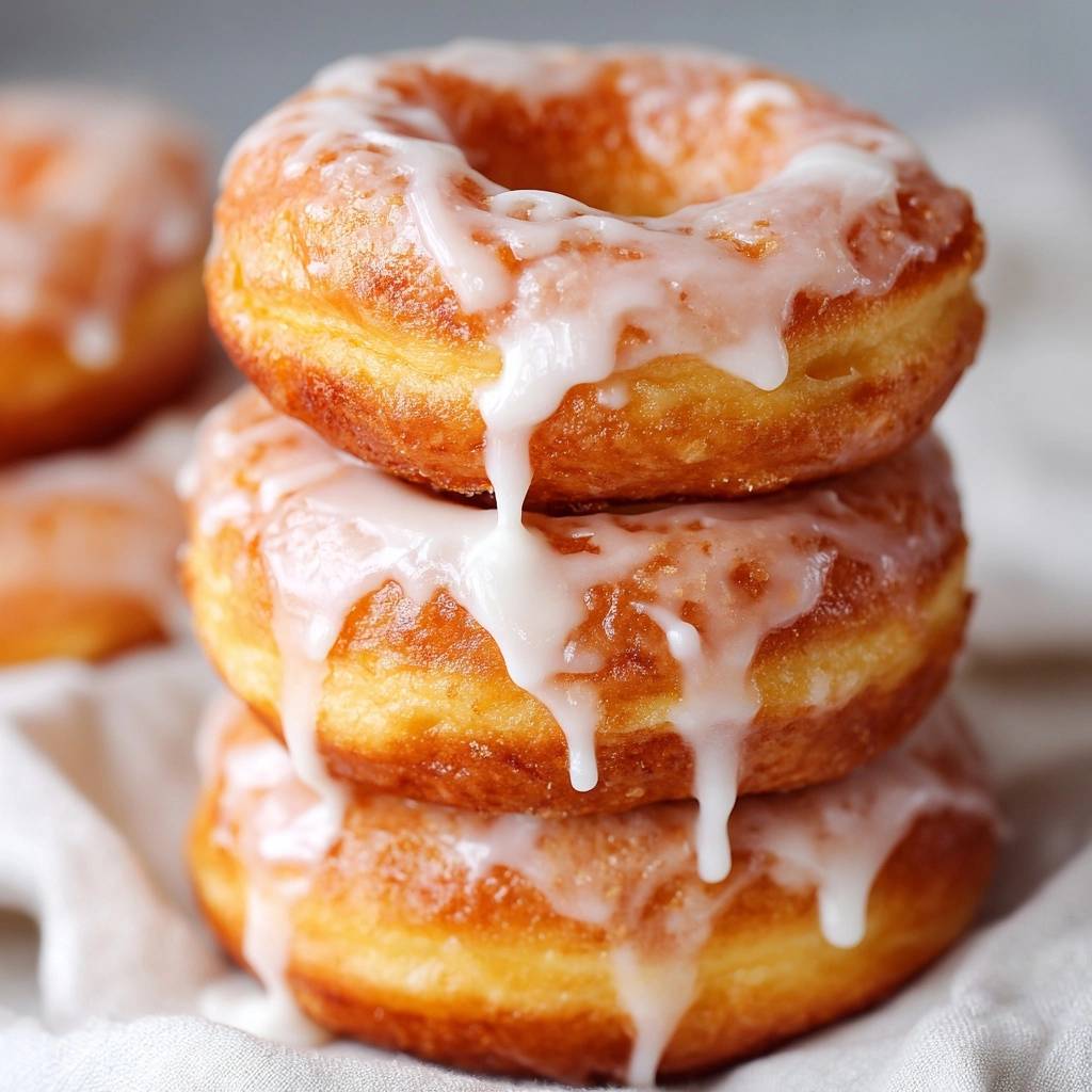 Perfekte glasierte Hefedonuts fluffig und nicht ölig, gestapelt und nahaufnahme mit Zuckerguss, der heruntertropft.