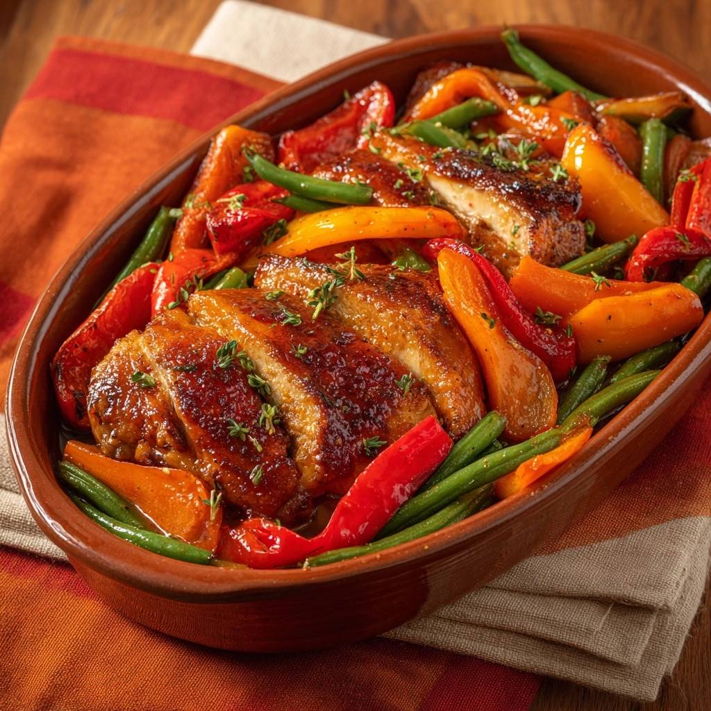 Glasiertes Hähnchen mit Paprika, Bohnen und Karotten, angeschnitten in einer Auflaufform mit gedünstetem Gemüse.
