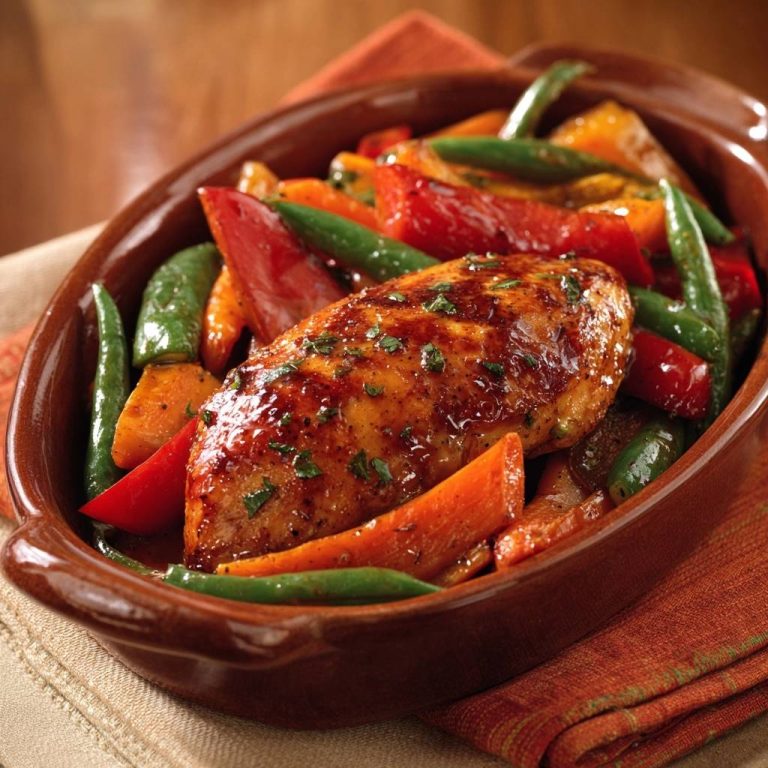 Glasiertes Hähnchen mit Paprika, Bohnen und Karotten, serviert in einer braunen Keramikschüssel mit gedünstetem Gemüse.