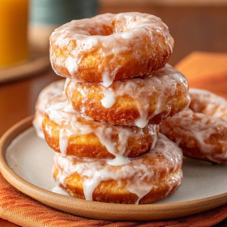 Himmlische Glazed Donuts sind auf einem Teller gestapelt, mit reicher Glasur, die über die fluffige Textur tropft.