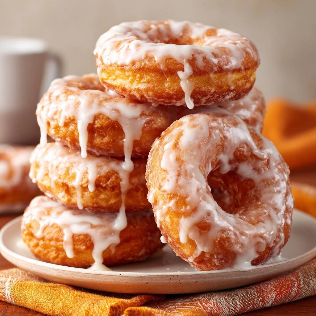 Himmlische Glazed Donuts als Stapel mit überlaufender weißer Glasur, die köstlich heruntertropft.