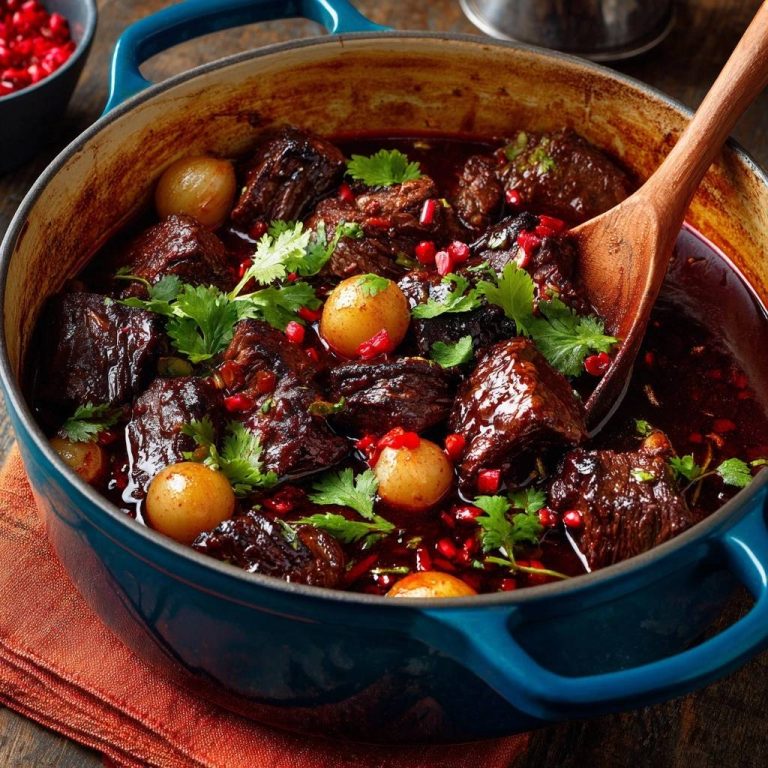Granatapfel-Rindfleisch-Eintopf in blauer Schüssel mit Löffel und Garnitur aus Granatapfelkernen und Petersilie.