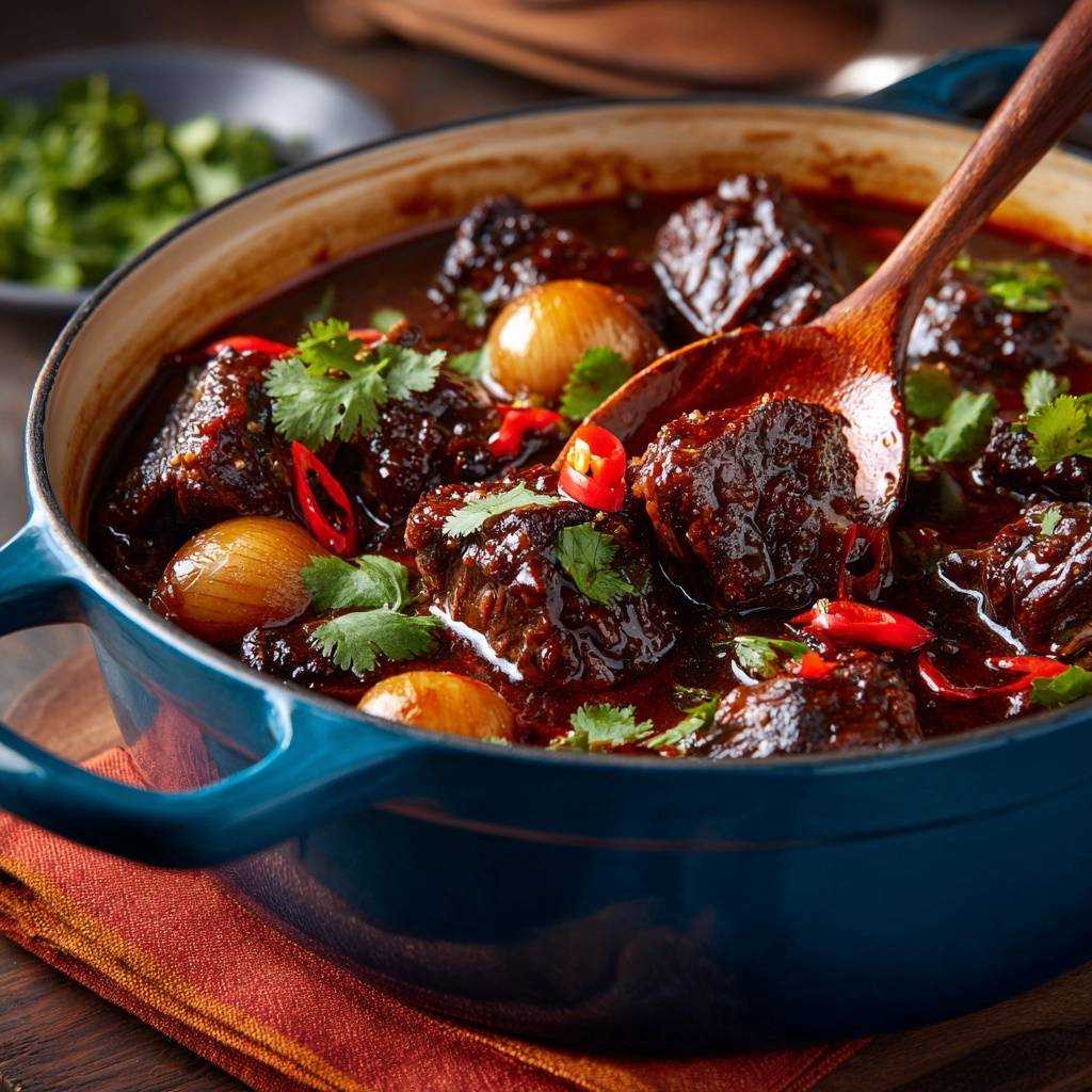 Granatapfel-Rindfleisch-Eintopf mit einem Holzloeffel, der Fleisch und Zwiebeln aus einer blauen Pfanne schöpft.