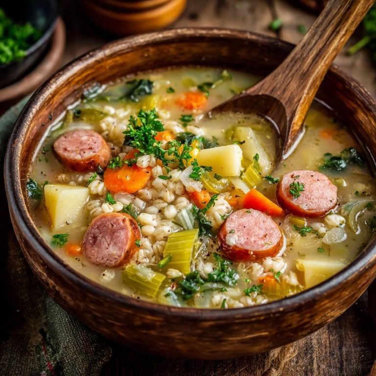 Deftiger Graupeneintopf mit Wurst und Lauch, eine Nahaufnahme serviert in einer rustikalen Holzschale mit Löffel.