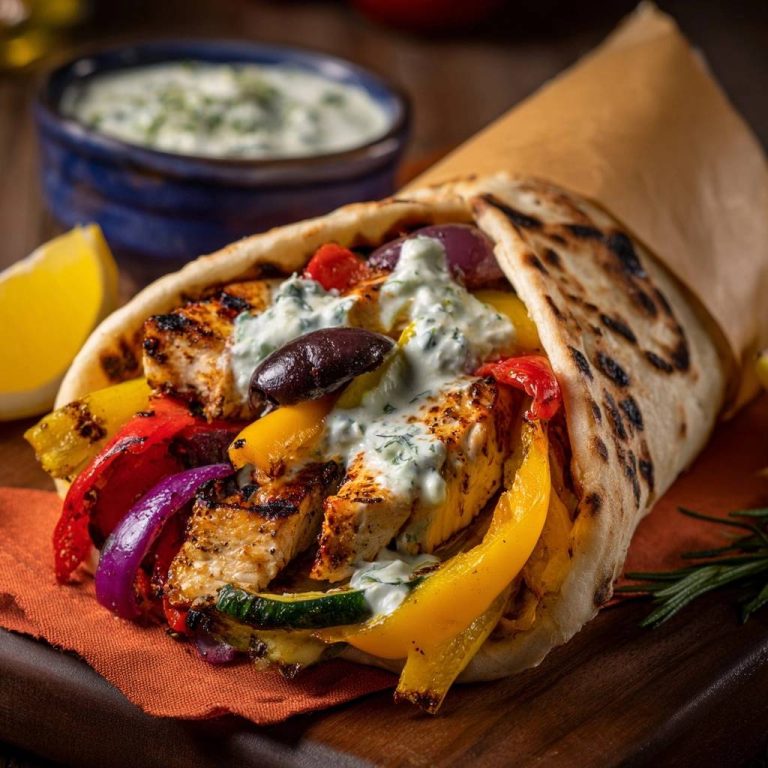 Griechischer Hähnchen-Gyros-Wrap mit gegrilltem Hähnchen, Gemüse und Tzatziki, nahaufnahme des gefüllten Fladenbrots