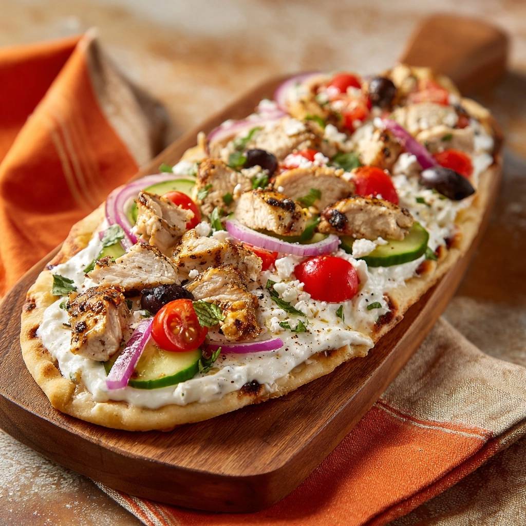 Griechischer Hähnchen-Flatbread mit saftigem Hähnchen, frischem Gemüse und cremigem Käse auf einem Holzbrett.