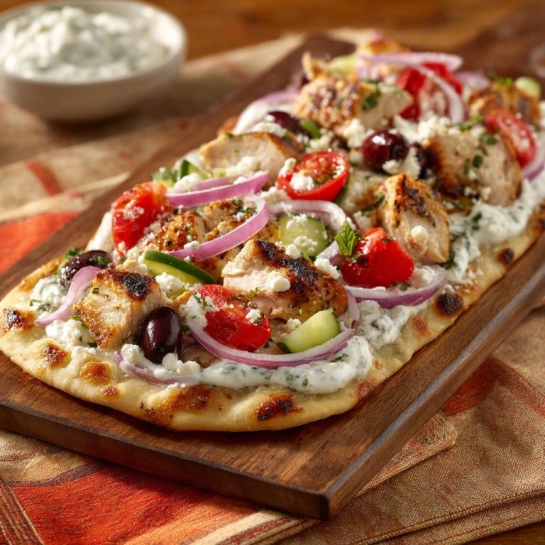 Griechischer Hähnchen-Flatbread mit Tzatziki, Tomaten, Gurken und Zwiebeln, von oben auf einem Holzbrett serviert.