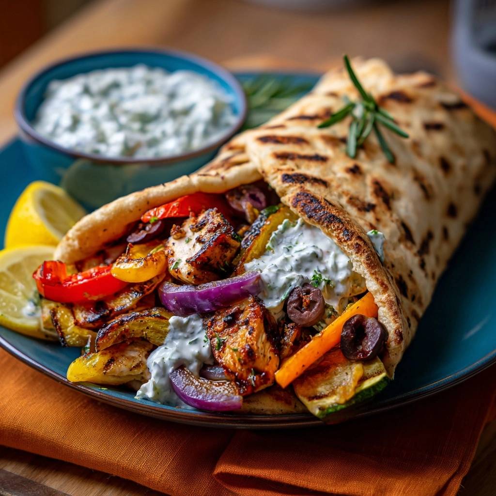 Griechischer Hähnchen-Gyros-Wrap mit gegrilltem Gemüse, Tzatziki und Zitrone, nahaufnahme der Füllung