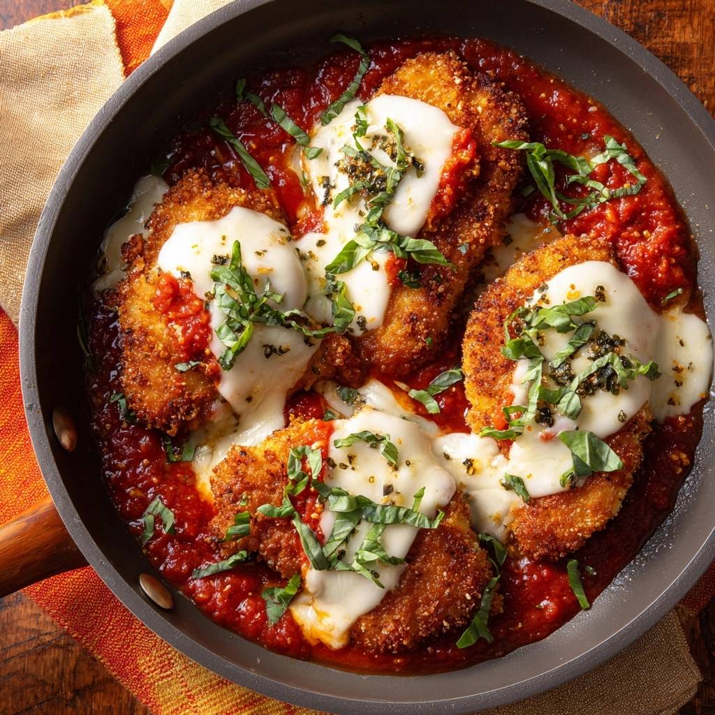 Knuspriges Hähnchen Parmesan in einer Pfanne mit geschmolzenem Käse und Tomatensauce, garniert mit Basilikum.