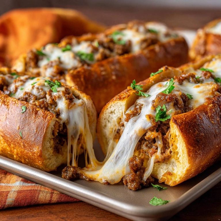 Knusprige Hack-Baguettes mit Käsezug, eine Nahaufnahme mit geschmolzenem Käse, der aus den gefüllten Broten fließt.