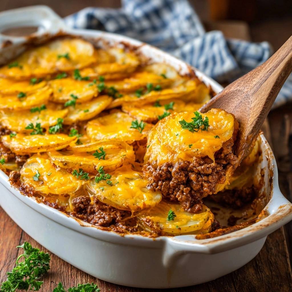 Knuspriger Hack-Kartoffel-Auflauf mit einem Holzlöffel, der eine Portion aus dem Auflauf hebt.