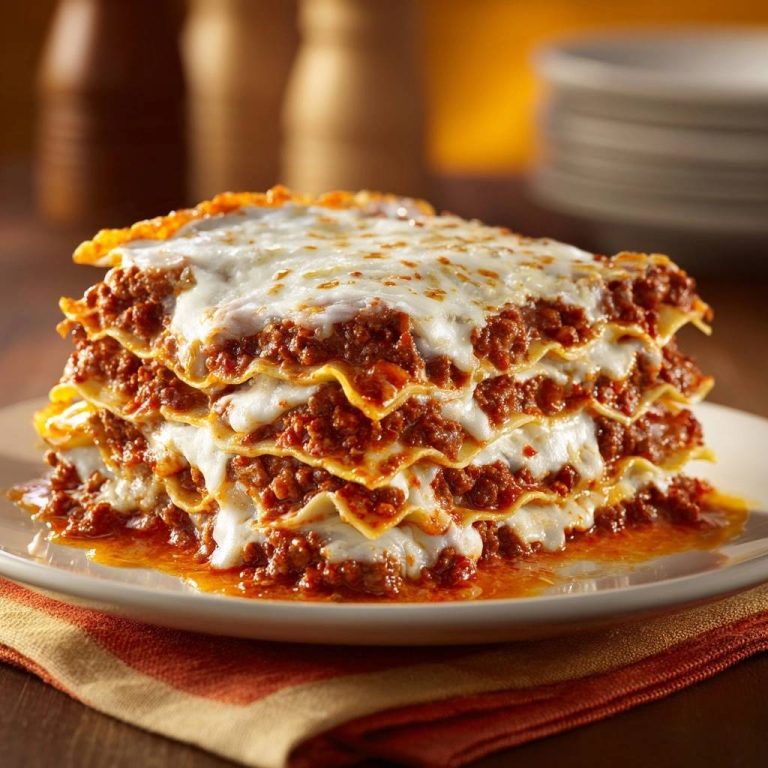 Ultimative Hackfleisch-Lasagne angeschnitten, zeigt mehrere Schichten Pasta, Hackfleischsauce und Käse.