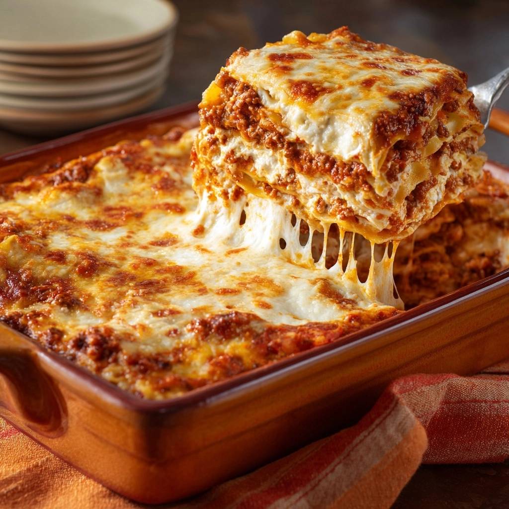 Perfekte Hackfleisch-Lasagne angeschnitten, mit geschmolzenem Käse, der Fäden zieht, in einer Auflaufform serviert.