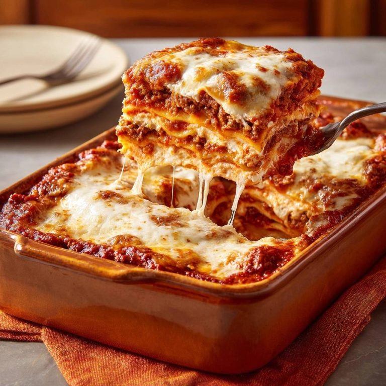 Perfekte Hackfleisch-Lasagne, ein angeschnittener Abschnitt zeigt die übereinanderliegenden Schichten mit geschmolzenem Käse.