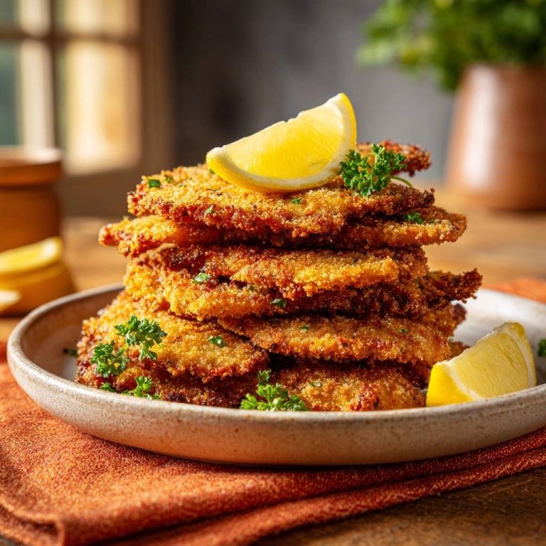 Knuspriges Hähnchenschnitzel mit Zitrone, gestapelt und mit frischer Petersilie und Zitronenspalten garniert.