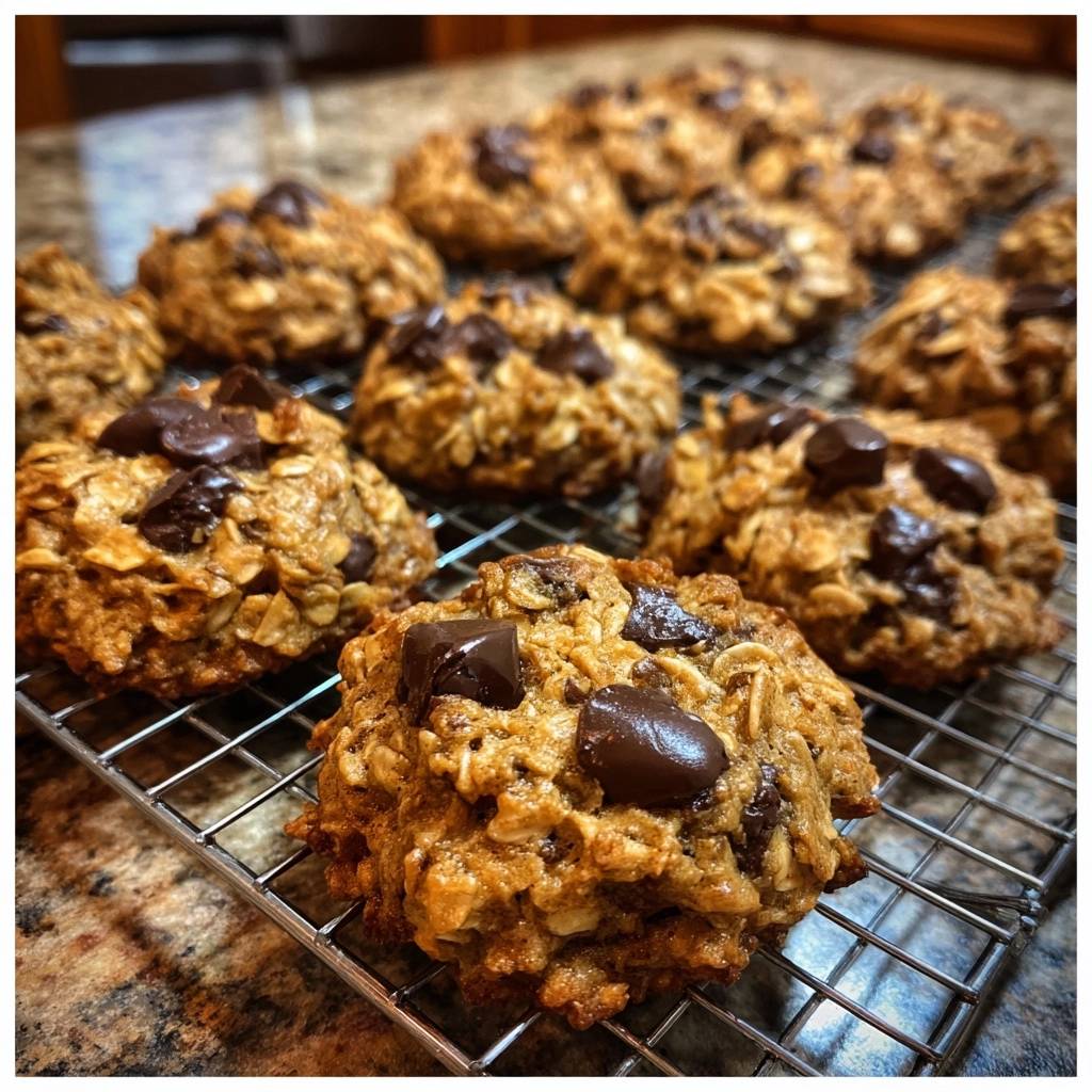 Knusprig-chewige Hafer-Schoko-Cookies mit Schokoladenstücken auf einem Kühlgitter aus der Nähe betrachtet.