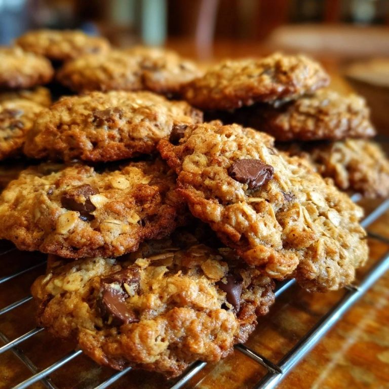 Knusprig-chewige Hafer-Schoko-Cookies nahaufnahme auf einem Kuehlgitter mit geschmolzenen Schokoladenstuecken