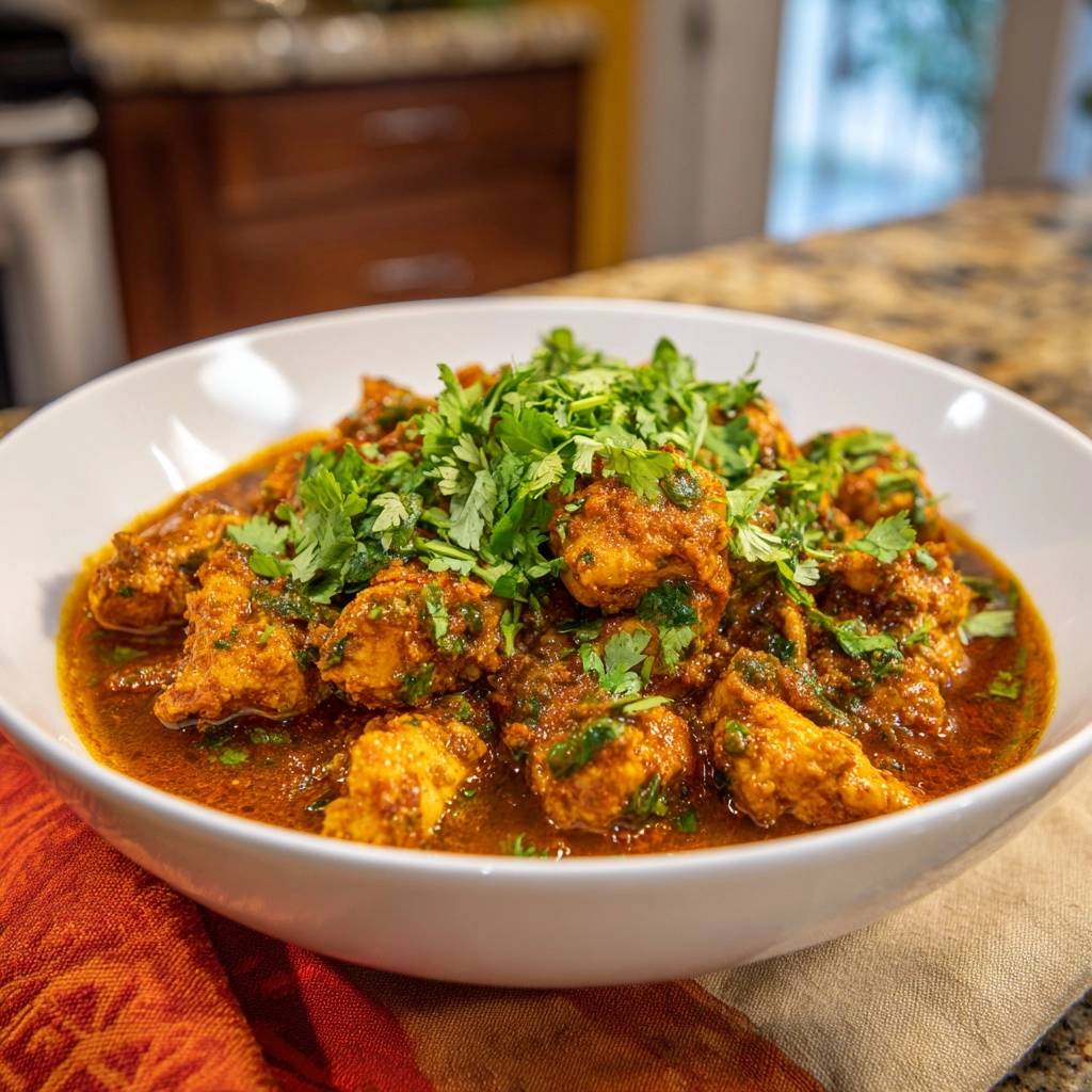 Saftiges Hähnchen-Curry mit Koriander, garniert mit frischem Koriander, in einer weißen Schüssel serviert.