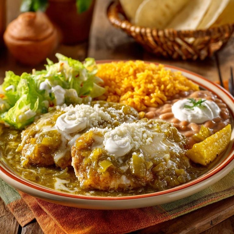 Saftige Hähnchen-Enchiladas Verdes serviert mit Reis, Bohnen und Salat auf einem Teller