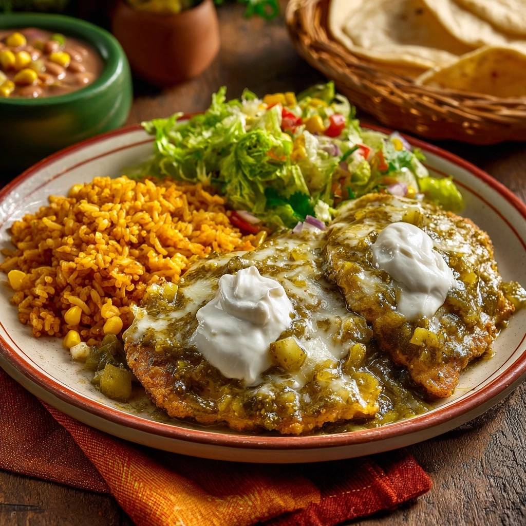 Saftige Hähnchen-Enchiladas Verdes serviert mit mexikanischem Reis und einem frischen Salat auf einem Teller.