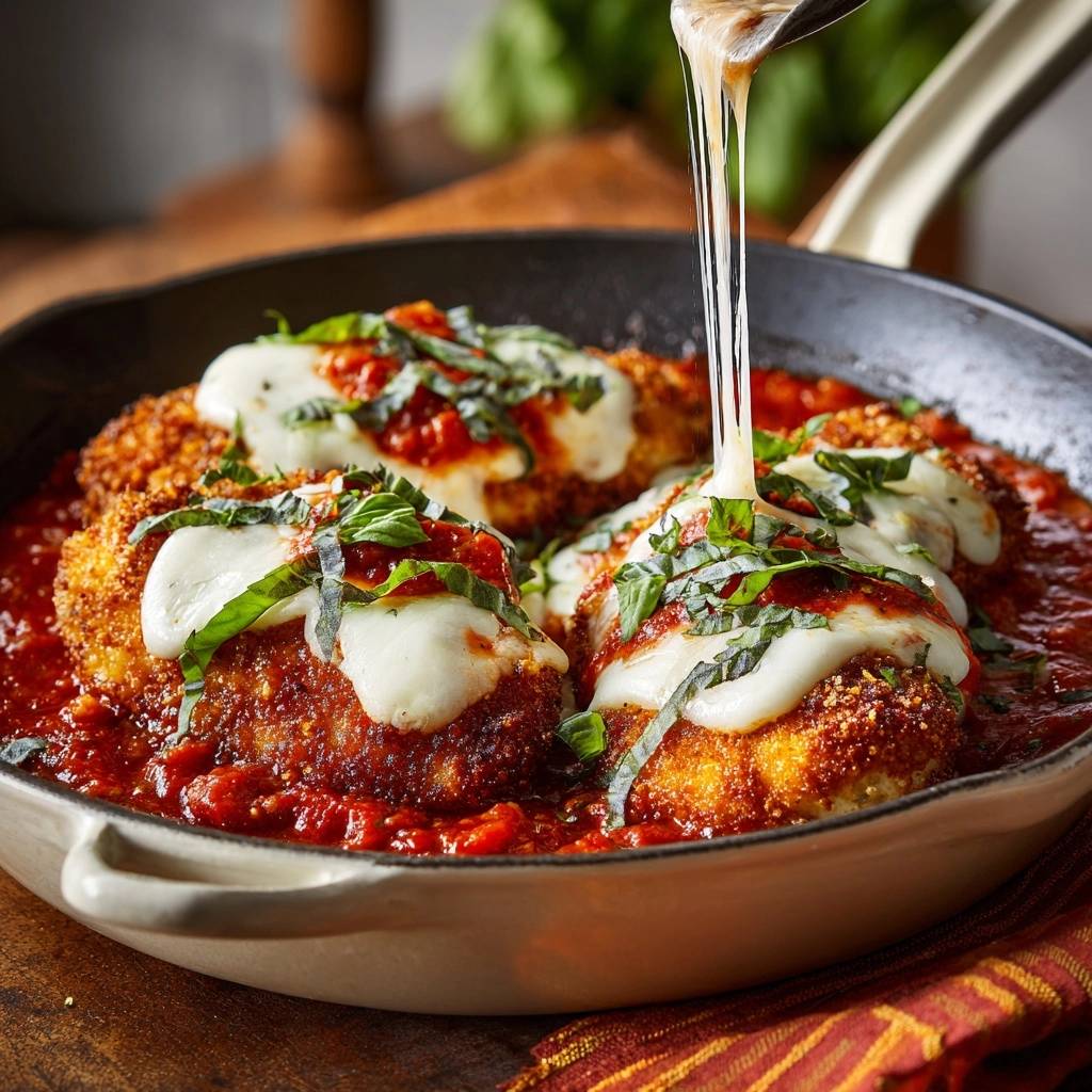 Knuspriges Hähnchen Parmesan mit geschmolzenem Käse, der von einem Löffel gezogen wird, in einer Pfanne serviert.
