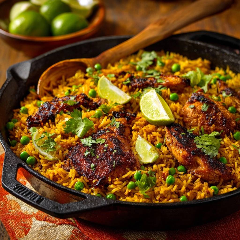 One-Pot Hähnchenreis mit Erbsen und Limette in einer gusseisernen Pfanne mit Holzlöffel garniert