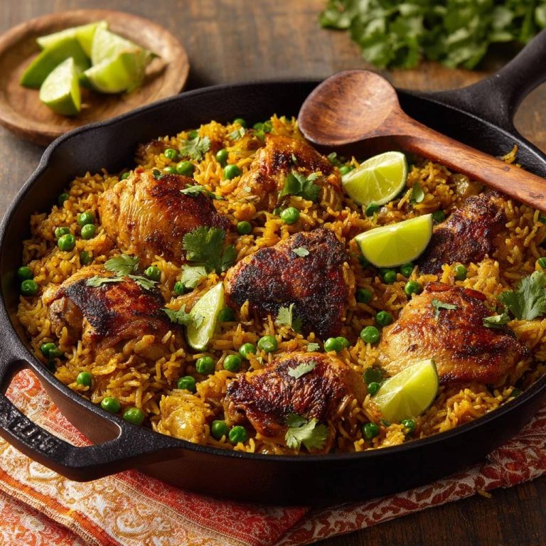 One-Pot Hähnchenreis mit Erbsen und Limette in einer gusseisernen Pfanne mit einem Holzlöffel, garniert mit frischer Petersilie.